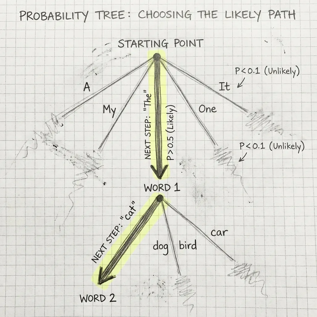 A hand-drawn diagram showing a probability tree. Thick branches represent likely next tokens, thin branches represent unlikely ones.
