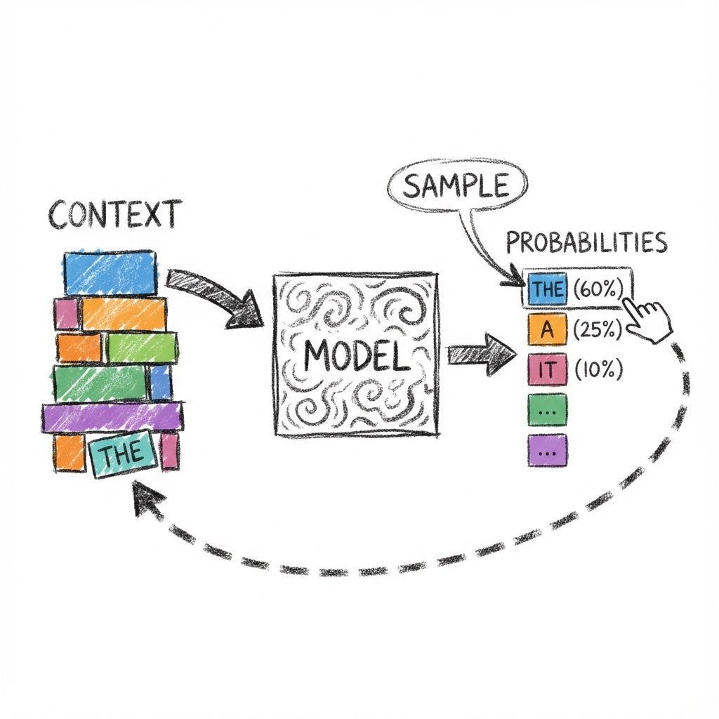 Chalkboard diagram showing the autoregressive loop: Context enters Model, Model outputs Probabilities, Sample picks one, Appends to Context, and loops back.